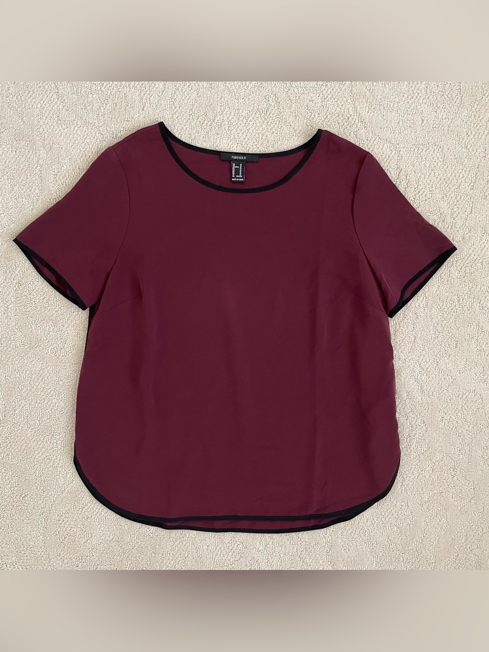 Forever 21 Burgundy Short Sleeve Blouse with Black Trim